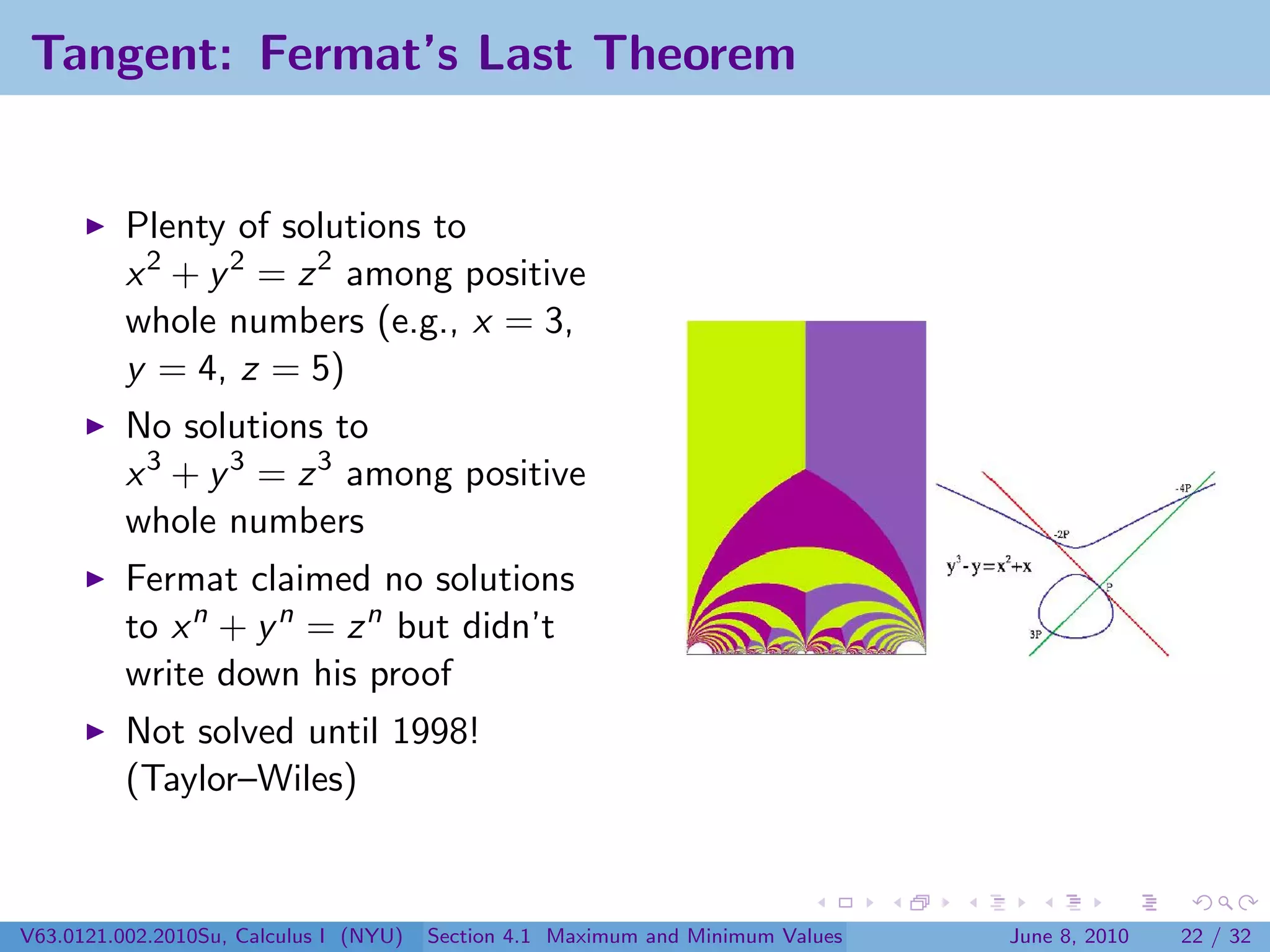Tangent: Fermat’s Last Theorem


          Plenty of solutions to
          x 2 + y 2 = z 2 among positive
          whole numbers (e.g., x = 3,
          y = 4, z = 5)
          No solutions to
          x 3 + y 3 = z 3 among positive
          whole numbers
          Fermat claimed no solutions
          to x n + y n = z n but didn’t
          write down his proof
          Not solved until 1998!
          (Taylor–Wiles)


V63.0121.002.2010Su, Calculus I (NYU)   Section 4.1 Maximum and Minimum Values   June 8, 2010   22 / 32
 