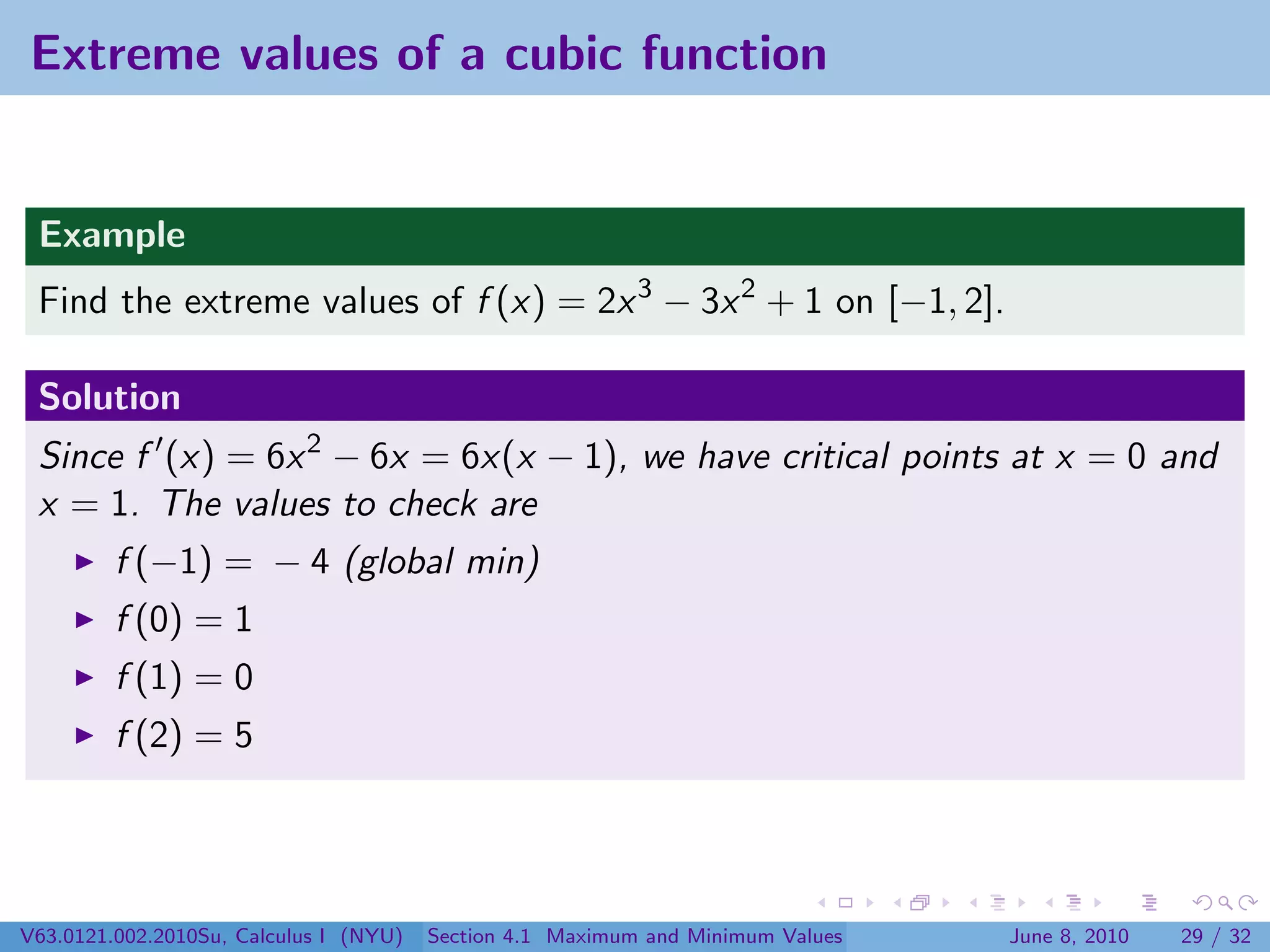 Extreme values of a cubic function


 Example
 Find the extreme values of f (x) = 2x 3 − 3x 2 + 1 on [−1, 2].

 Solution
 Since f (x) = 6x 2 − 6x = 6x(x − 1), we have critical points at x = 0 and
 x = 1. The values to check are
         f (−1) = − 4 (global min)
         f (0) = 1
         f (1) = 0
         f (2) = 5




V63.0121.002.2010Su, Calculus I (NYU)   Section 4.1 Maximum and Minimum Values   June 8, 2010   29 / 32
 