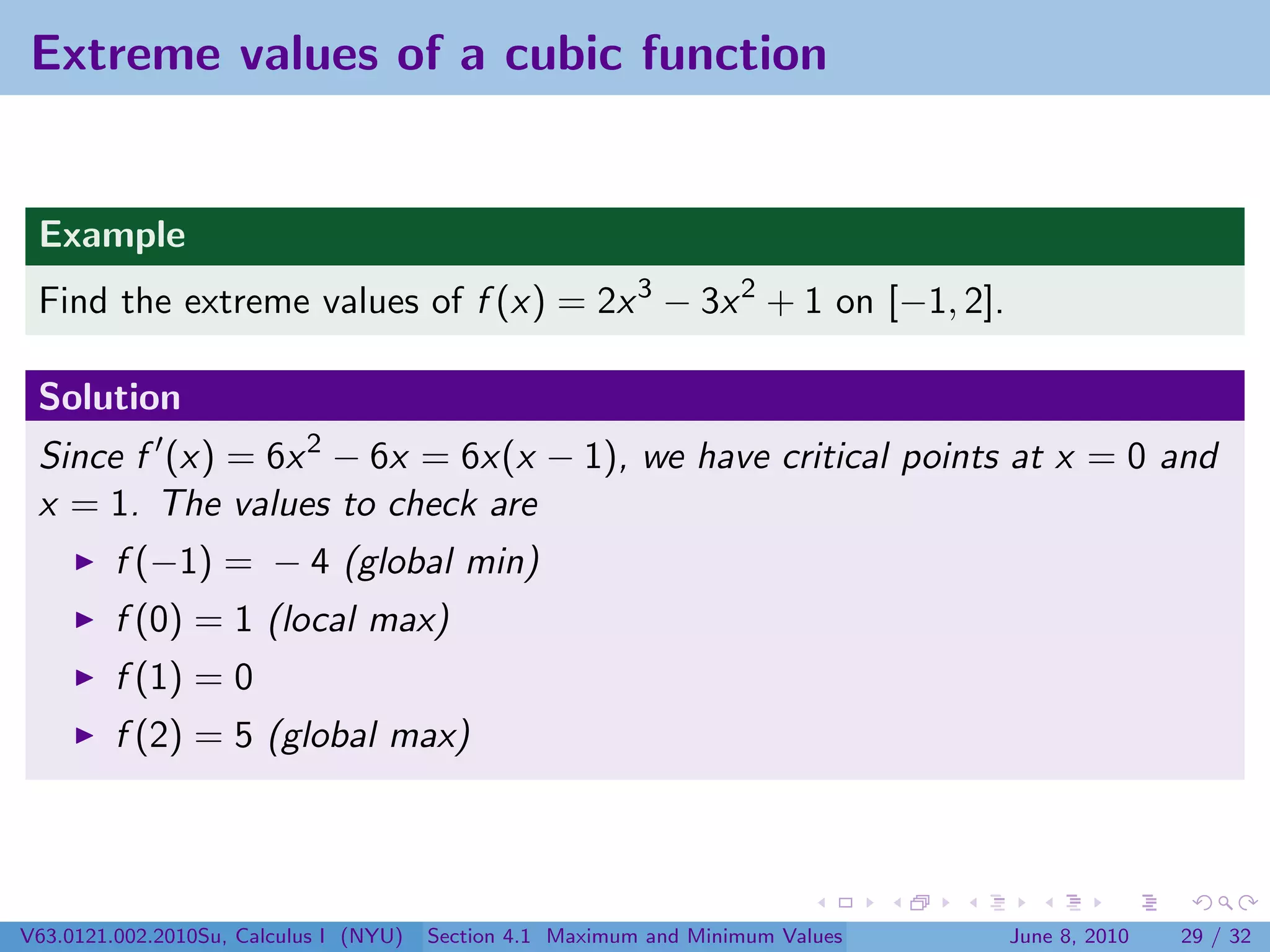 Extreme values of a cubic function


 Example
 Find the extreme values of f (x) = 2x 3 − 3x 2 + 1 on [−1, 2].

 Solution
 Since f (x) = 6x 2 − 6x = 6x(x − 1), we have critical points at x = 0 and
 x = 1. The values to check are
         f (−1) = − 4 (global min)
         f (0) = 1 (local max)
         f (1) = 0
         f (2) = 5 (global max)




V63.0121.002.2010Su, Calculus I (NYU)   Section 4.1 Maximum and Minimum Values   June 8, 2010   29 / 32
 