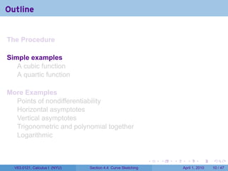 Outline


The Procedure

Simple examples
   A cubic function
   A quartic function

More Examples
  Points of nondifferentiability
  Horizontal asymptotes
  Vertical asymptotes
  Trigonometric and polynomial together
  Logarithmic


                                                             .   .   .     .       .     .

  V63.0121, Calculus I (NYU)   Section 4.4 Curve Sketching               April 1, 2010   10 / 47
 