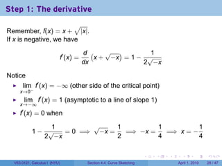 Step 1: The derivative
                        √
Remember, f(x) = x + |x|.
If x is negative, we have

                                      d (    √ )        1
                           f′ (x) =       x + −x = 1 − √
                                      dx              2 −x

Notice
      lim f′ (x) = −∞ (other side of the critical point)
     x→0−
       lim f′ (x) = 1 (asymptotic to a line of slope 1)
     x→−∞
      ′
     f (x) = 0 when

                1        √     1         1          1
            1− √   = 0 =⇒ −x =   =⇒ −x =   =⇒ x = −
              2 −x             2         4          4

                                                                     .   .   .     .       .     .

  V63.0121, Calculus I (NYU)           Section 4.4 Curve Sketching               April 1, 2010   28 / 47
 
