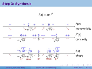 Step 3: Synthesis

                                          f(x) = xe−x
                                                             2




     −
     .                   − 0 +
                         . .. .             + . −                             −           .′ (x)
                                                                                          f
                             √            . . √. .
                                                0                             .
     ↘
     .                   ↘       ↗
                         . . 1/2 .
                           −                ↗      ↘
                                            . . 1/2.                          ↘
                                                                              .           m
                                                                                          . onotonicity

    −
    . −            .. . +
                   0+               + 0 −
                                    . + .. . −              − 0
                                                            . − ..            . +
                                                                              +           .′′ (x)
                                                                                          f
     .
     ⌢             √.  ⌣             ⌣ . .
                                     .                       . √3              .
                 −
                 . 3/2                  0 ⌢                  ⌢
                                                               . /2
                                                                               ⌣          c
                                                                                          . oncavity

                    √                                     √
                −
                .        3
                        2e3
                            −
                            . √1                     .√1  . 33                            f
                                                                                          .(x)
                  .     .      2e        0
                                         ..           . √2e
                                                       2e
      .          √ . √                              √ . .
               −
             . . . .  − 1/2 .
                    3/2
                          .
                                         . .
                                         0
                                            .       . 1/2 . 3/2
                                                       .
                                                                               .          s
                                                                                          . hape
                 IP min                 IP          max IP

                                                                      .   .         .     .        .    .

  V63.0121, Calculus I (NYU)           Section 4.4 Curve Sketching                      April 1, 2010   36 / 47
 