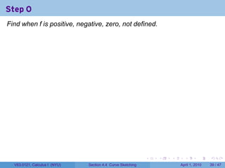 Step 0
Find when f is positive, negative, zero, not defined.




                                                             .   .   .     .       .     .

  V63.0121, Calculus I (NYU)   Section 4.4 Curve Sketching               April 1, 2010   39 / 47
 