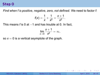Step 0
Find when f is positive, negative, zero, not defined. We need to factor f:
                                        1   1   x+1
                               f(x) =     +   =     .
                                        x x2     x2
This means f is 0 at −1 and has trouble at 0. In fact,
                                     x+1
                                   lim   = ∞,
                                  x→0 x2

so x = 0 is a vertical asymptote of the graph.




                                                                .   .   .     .       .     .

  V63.0121, Calculus I (NYU)      Section 4.4 Curve Sketching               April 1, 2010   39 / 47
 