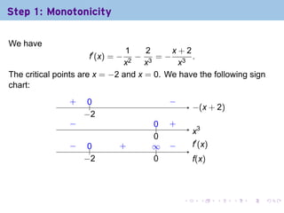 Step 1: Monotonicity

We have
                                1    2     x+2
                     f′ (x) = −   −    =− 3 .
                               x2 x3        x
The critical points are x = −2 and x = 0. We have the following sign
chart:
                .
                +    0
                     ..                .   −
                                           .
                                                   −
                                                   . (x + 2)
                    −
                    . 2
                −
                .                    0
                                     ..    .
                                           +
                                                   .3
                                                   x
                                     0
                                     .
                −
                .    0
                     ..       .
                              +      ∞
                                     ..    −
                                           .       .′ (x)
                                                   f
                    −
                    . 2              0
                                     .             f
                                                   .(x)



                                               .        .   .   .   .   .
 