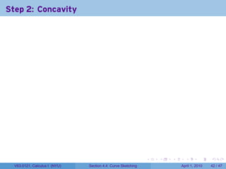 Step 2: Concavity




                                                             .   .   .     .       .     .

  V63.0121, Calculus I (NYU)   Section 4.4 Curve Sketching               April 1, 2010   42 / 47
 