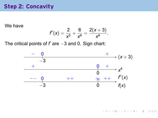 Step 2: Concavity


We have
                                   2   6   2(x + 3)
                       f′′ (x) =     +   =          .
                                   x3 x4      x4
The critical points of f′ are −3 and 0. Sign chart:

             −
             .    0
                  ..                            .       .
                                                        +
                                                                . x + 3)
                                                                (
                 −
                 . 3
             .
             +                                 .. .
                                               0 +
                                                                .4
                                                                x
                                               0
                                               .
            −
            . − ..
                 0                 . +
                                   +           ∞ +
                                               .. . +           .′′ (x)
                                                                f
                −
                . 3                            0
                                               .                f
                                                                .(x)




                                                    .       .    .        .   .   .
 