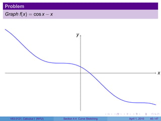 Problem
Graph f(x) = cos x − x



                                         y
                                         .




                                             .                                                 x
                                                                                               .




                                                             .   .   .     .       .     .

  V63.0121, Calculus I (NYU)   Section 4.4 Curve Sketching               April 1, 2010   45 / 47
 