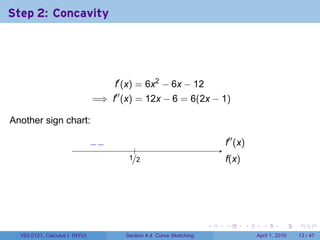 Step 2: Concavity




                                     f′ (x) = 6x2 − 6x − 12
                               =⇒ f′′ (x) = 12x − 6 = 6(2x − 1)

Another sign chart:                   .

                               −
                               . −                                          .′′ (x)
                                                                            f
                                             .
                                           ./2
                                           1                                f
                                                                            .(x)




                                                                        .   .      .     .       .     .

  V63.0121, Calculus I (NYU)              Section 4.4 Curve Sketching                  April 1, 2010   13 / 47
 