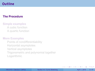 Outline


The Procedure

Simple examples
   A cubic function
   A quartic function

More Examples
  Points of nondifferentiability
  Horizontal asymptotes
  Vertical asymptotes
  Trigonometric and polynomial together
  Logarithmic


                                                             .   .   .    .       .      .

  V63.0121, Calculus I (NYU)   Section 4.4 Curve Sketching               April 1, 2010       5 / 47
 
