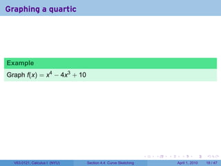 Graphing a quartic




Example
Graph f(x) = x4 − 4x3 + 10




                                                             .   .   .     .       .     .

  V63.0121, Calculus I (NYU)   Section 4.4 Curve Sketching               April 1, 2010   18 / 47
 
