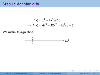 Step 1: Monotonicity



                                    f(x) = x4 − 4x3 + 10
                           =⇒ f′ (x) = 4x3 − 12x2 = 4x2 (x − 3)

We make its sign chart.

                               0
                               ..
                                                                      . x2
                                                                      4
                               0
                               .




                                                                      .      .   .     .       .     .

  V63.0121, Calculus I (NYU)            Section 4.4 Curve Sketching                  April 1, 2010   19 / 47
 