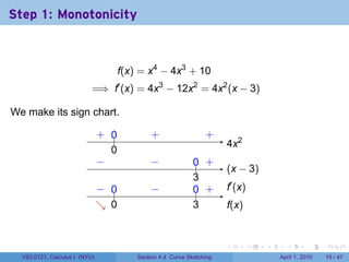 Step 1: Monotonicity



                                      f(x) = x4 − 4x3 + 10
                           =⇒ f′ (x) = 4x3 − 12x2 = 4x2 (x − 3)

We make its sign chart.

                               . ..
                               + 0            .
                                              +                   .
                                                                  +
                                                                        . x2
                                                                        4
                                 0
                                 .
                               −
                               .              −
                                              .               .. .
                                                              0 +
                                                                        . x − 3)
                                                                        (
                                                              3
                                                              .
                               − 0
                               . ..           −
                                              .               .. .
                                                              0 +       .′ (x)
                                                                        f
                               ↘ 0
                               . .                            3
                                                              .         f
                                                                        .(x)


                                                                        .        .   .     .       .     .

  V63.0121, Calculus I (NYU)              Section 4.4 Curve Sketching                    April 1, 2010   19 / 47
 