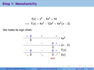 Step 1: Monotonicity



                                      f(x) = x4 − 4x3 + 10
                           =⇒ f′ (x) = 4x3 − 12x2 = 4x2 (x − 3)

We make its sign chart.

                               . ..
                               + 0            .
                                              +                   .
                                                                  +
                                                                        . x2
                                                                        4
                                 0
                                 .
                               −
                               .              −
                                              .              .. .
                                                             0 +
                                                                        . x − 3)
                                                                        (
                                                             3
                                                             .
                               − 0
                               . ..           −
                                              .              .. .
                                                             0 +        .′ (x)
                                                                        f
                               ↘ 0
                               . .            ↘
                                              .              3 ↗
                                                             . .        f
                                                                        .(x)
                                                            m
                                                            . in

                                                                        .        .   .     .       .     .

  V63.0121, Calculus I (NYU)              Section 4.4 Curve Sketching                    April 1, 2010   19 / 47
 