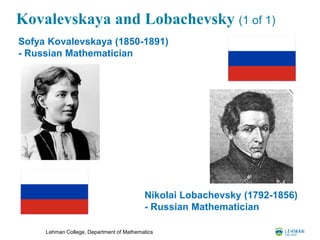 Lehman College, Department of Mathematics
Kovalevskaya and Lobachevsky (1 of 1)
Nikolai Lobachevsky (1792-1856)
- Russian Mathematician
Sofya Kovalevskaya (1850-1891)
- Russian Mathematician
 