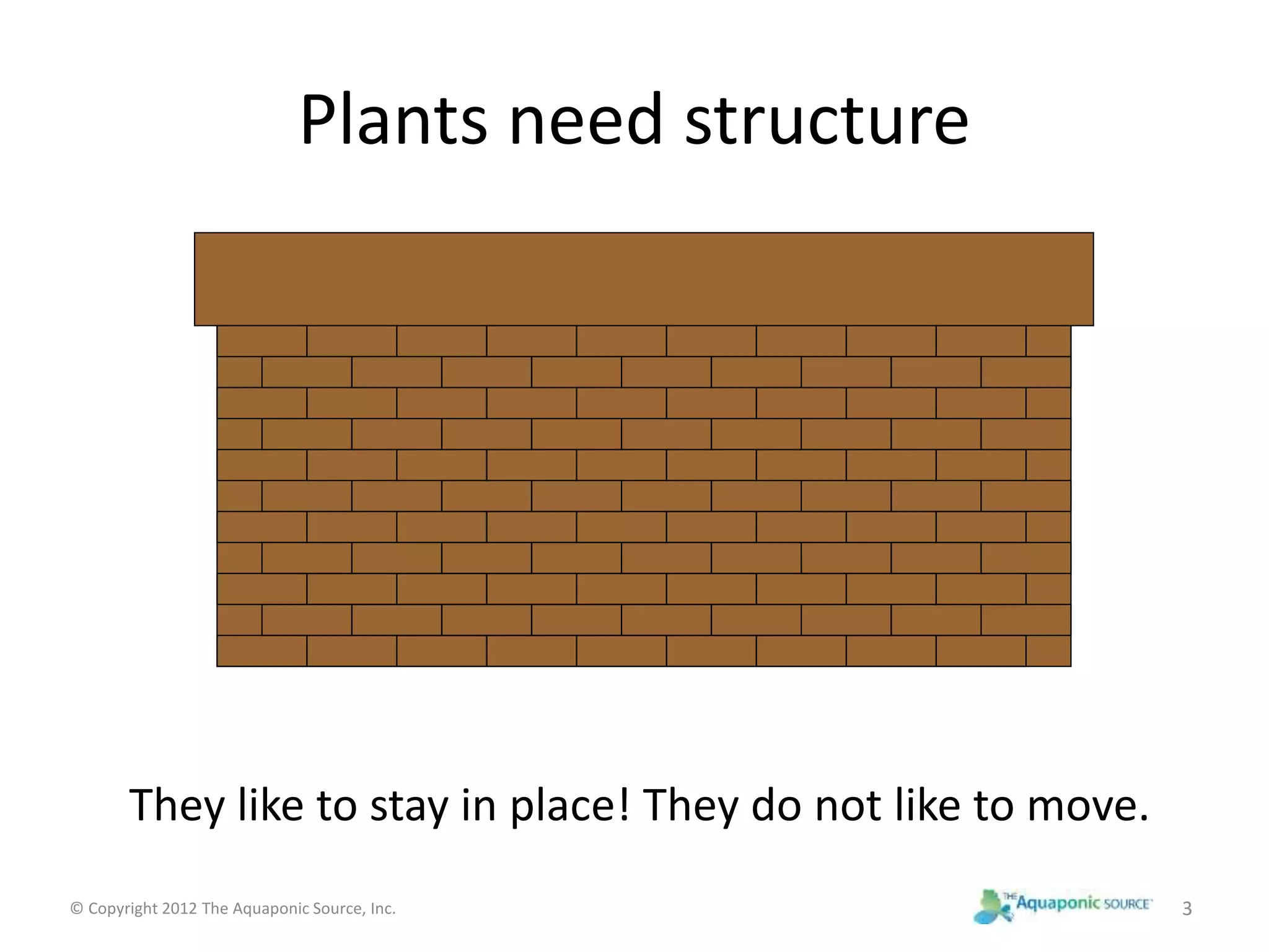 Plants need structure 
They like to stay in place! They do not like to move. 
© Copyright 2012 The Aquaponic Source, Inc. 3 
 