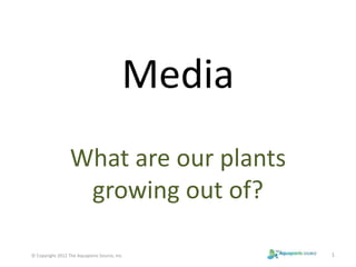 Media 
What are our plants 
growing out of? 
© Copyright 2012 The Aquaponic Source, Inc. 1 
 