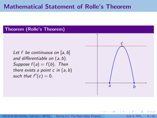 Mathematical Statement of Rolle’s Theorem


 Theorem (Rolle’s Theorem)

                                                                                 c

        Let f be continuous on [a, b]
        and diﬀerentiable on (a, b).
        Suppose f (a) = f (b). Then
        there exists a point c in (a, b)
        such that f (c) = 0.
                                                                             a            b




V63.0121.002.2010Su, Calculus I (NYU)   Section 4.2 The Mean Value Theorem           June 8, 2010   6 / 28
 