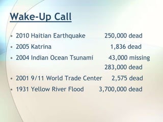 Wake-Up Call2010 Haitian Earthquake	       250,000 dead2005 Katrina			          1,836 dead2004 Indian Ocean Tsunami        43,000 missing  					       283,000 dead2001 9/11 World Trade Center     2,575 dead1931 Yellow River Flood    3,700,000 dead