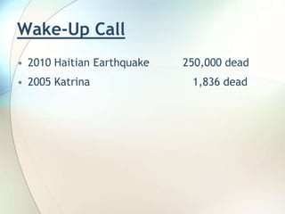 Wake-Up Call2010 Haitian Earthquake	       250,000 dead2005 Katrina			          1,836 dead
