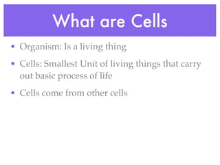 What are Cells
• Organism: Is a living thing
• Cells: Smallest Unit of living things that carry
  out basic process of life
• Cells come from other cells
 