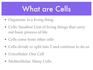 What are Cells
• Organism: Is a living thing
• Cells: Smallest Unit of living things that carry
  out basic process of life
• Cells come from other cells
• Cells divide or split into 2 and continue to do so
• Unicellular: One Cell
• Multicellular: Many Cells
 