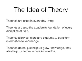 The Idea of Theory
Theories are used in every day living.
Theories are also the academic foundation of every
discipline or ﬁeld.
Theories allow scholars and students to transform
information to knowledge.
Theories do not just help us grow knowledge, they
also help us communicate knowledge.
 
