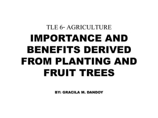 TLE 6- AGRICULTURE
IMPORTANCE AND
BENEFITS DERIVED
FROM PLANTING AND
FRUIT TREES
BY: GRACILA M. DANDOY
 