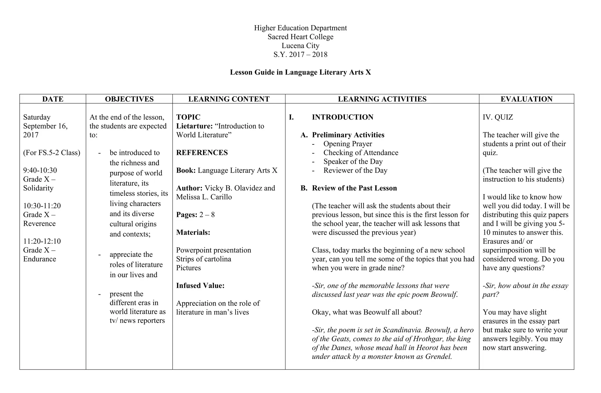 Higher Education Department
Sacred Heart College
Lucena City
S.Y. 2017 – 2018
Lesson Guide in Language Literary Arts X
DATE OBJECTIVES LEARNING CONTENT LEARNING ACTIVITIES EVALUATION
Saturday
September 16,
2017
(For FS.5-2 Class)
9:40-10:30
Grade X –
Solidarity
10:30-11:20
Grade X –
Reverence
11:20-12:10
Grade X –
Endurance
At the end of the lesson,
the students are expected
to:
- be introduced to
the richness and
purpose of world
literature, its
timeless stories, its
living characters
and its diverse
cultural origins
and contexts;
- appreciate the
roles of literature
in our lives and
- present the
different eras in
world literature as
tv/ news reporters
TOPIC
Lietarture: “Introduction to
World Literature”
REFERENCES
Book: Language Literary Arts X
Author: Vicky B. Olavidez and
Melissa L. Carillo
Pages: 2 – 8
Materials:
Powerpoint presentation
Strips of cartolina
Pictures
Infused Value:
Appreciation on the role of
literature in man’s lives
I. INTRODUCTION
A. Preliminary Activities
- Opening Prayer
- Checking of Attendance
- Speaker of the Day
- Reviewer of the Day
B. Review of the Past Lesson
(The teacher will ask the students about their
previous lesson, but since this is the first lesson for
the school year, the teacher will ask lessons that
were discussed the previous year)
Class, today marks the beginning of a new school
year, can you tell me some of the topics that you had
when you were in grade nine?
-Sir, one of the memorable lessons that were
discussed last year was the epic poem Beowulf.
Okay, what was Beowulf all about?
-Sir, the poem is set in Scandinavia. Beowulf, a hero
of the Geats, comes to the aid of Hrothgar, the king
of the Danes, whose mead hall in Heorot has been
under attack by a monster known as Grendel.
IV. QUIZ
The teacher will give the
students a print out of their
quiz.
(The teacher will give the
instruction to his students)
I would like to know how
well you did today. I will be
distributing this quiz papers
and I will be giving you 5-
10 minutes to answer this.
Erasures and/ or
superimposition will be
considered wrong. Do you
have any questions?
-Sir, how about in the essay
part?
You may have slight
erasures in the essay part
but make sure to write your
answers legibly. You may
now start answering.
 