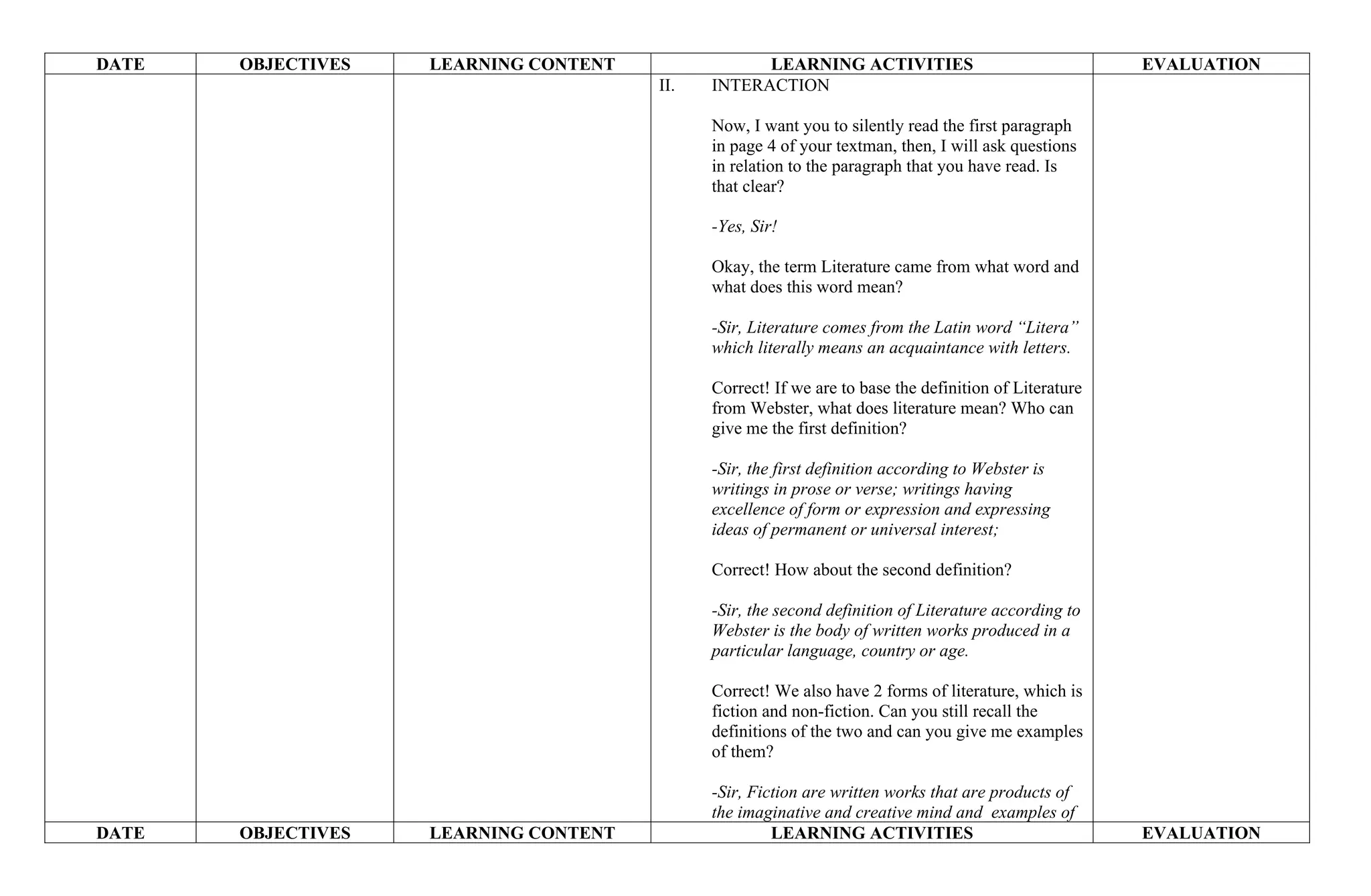 DATE OBJECTIVES LEARNING CONTENT LEARNING ACTIVITIES EVALUATION
II. INTERACTION
Now, I want you to silently read the first paragraph
in page 4 of your textman, then, I will ask questions
in relation to the paragraph that you have read. Is
that clear?
-Yes, Sir!
Okay, the term Literature came from what word and
what does this word mean?
-Sir, Literature comes from the Latin word “Litera”
which literally means an acquaintance with letters.
Correct! If we are to base the definition of Literature
from Webster, what does literature mean? Who can
give me the first definition?
-Sir, the first definition according to Webster is
writings in prose or verse; writings having
excellence of form or expression and expressing
ideas of permanent or universal interest;
Correct! How about the second definition?
-Sir, the second definition of Literature according to
Webster is the body of written works produced in a
particular language, country or age.
Correct! We also have 2 forms of literature, which is
fiction and non-fiction. Can you still recall the
definitions of the two and can you give me examples
of them?
-Sir, Fiction are written works that are products of
the imaginative and creative mind and examples of
DATE OBJECTIVES LEARNING CONTENT LEARNING ACTIVITIES EVALUATION
 
