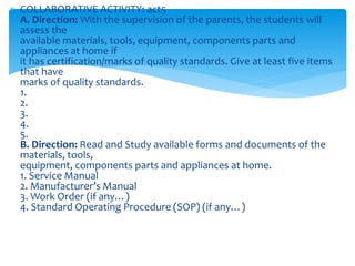  COLLABORATIVE ACTIVITY: act5
A. Direction: With the supervision of the parents, the students will
assess the
available materials, tools, equipment, components parts and
appliances at home if
it has certification/marks of quality standards. Give at least five items
that have
marks of quality standards.
1.
2.
3.
4.
5.
B. Direction: Read and Study available forms and documents of the
materials, tools,
equipment, components parts and appliances at home.
1. Service Manual
2. Manufacturer’s Manual
3. Work Order (if any…)
4. Standard Operating Procedure (SOP) (if any…)
 