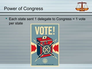 Power of Congress
 Each state sent 1 delegate to Congress = 1 vote
per state
 
