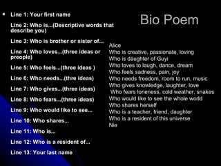 Bio Poem Line 1: Your first name Line 2: Who is...(Descriptive words that describe you) Line 3: Who is brother or sister of... Line 4: Who loves...(three ideas or preople) Line 5: Who feels...(three ideas ) Line 6: Who needs...(thre ideas) Line 7: Who gives...(three ideas) Line 8: Who fears...(three ideas) Line 9: Who would like to see... Line 10: Who shares... Line 11: Who is... Line 12: Who is a resident of... Line 13: Your last name  Alice Who is creative, passionate, loving Who is daughter of Guyi Who loves to laugh, dance, dream Who feels sadness, pain, joy Who needs freedom, room to run, music Who gives knowledge, laughter, love  Who fears loneness, cold weather, snakes Who would like to see the whole world Who shares herself Who is a teacher, friend, daughter Who is a resident of this universe Nie 