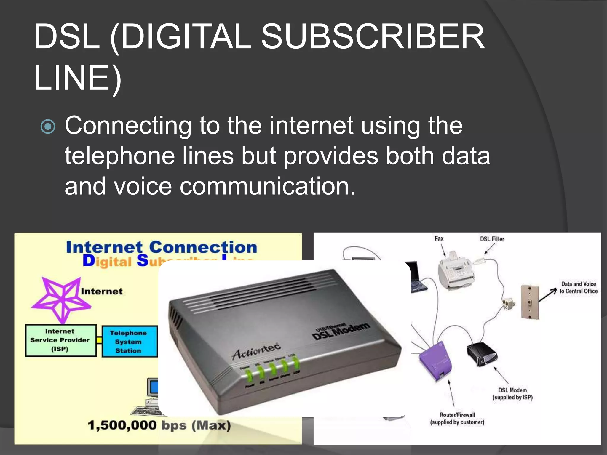 DSL (DIGITAL SUBSCRIBER
LINE)
 Connecting to the internet using the
telephone lines but provides both data
and voice communication.
 