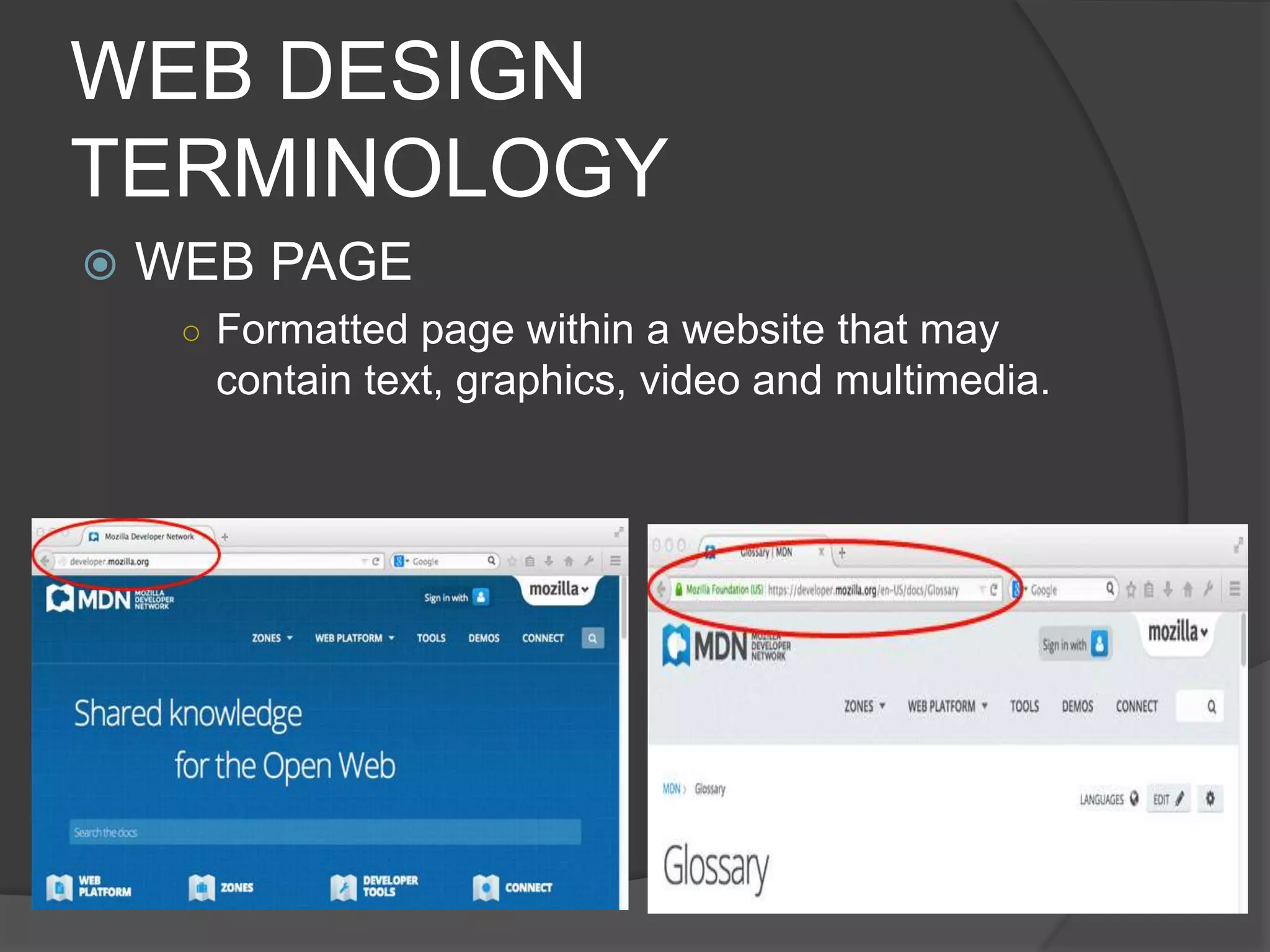 WEB DESIGN
TERMINOLOGY
 WEB PAGE
○ Formatted page within a website that may
contain text, graphics, video and multimedia.
 
