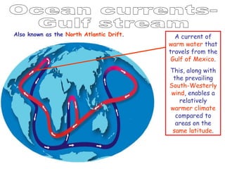 Ocean currents- Gulf stream Also known as the  North Atlantic Drift . A current of  warm water  that travels from the  Gulf of Mexico . This, along with the prevailing  South-Westerly wind , enables a relatively  warmer climate  compared to areas on the  same latitude . 