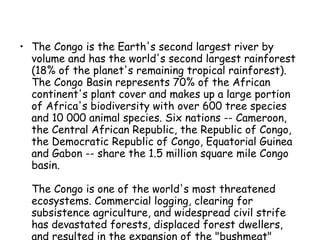 The Congo is the Earth's second largest river by volume and has the world's second largest rainforest (18% of the planet's remaining tropical rainforest). The Congo Basin represents 70% of the African continent's plant cover and makes up a large portion of Africa's biodiversity with over 600 tree species and 10 000 animal species. Six nations -- Cameroon, the Central African Republic, the Republic of Congo, the Democratic Republic of Congo, Equatorial Guinea and Gabon -- share the 1.5 million square mile Congo basin.  The Congo is one of the world's most threatened ecosystems. Commercial logging, clearing for subsistence agriculture, and widespread civil strife has devastated forests, displaced forest dwellers, and resulted in the expansion of the "bushmeat" trade. Since the 1980s, Africa has had the highest deforestation rates of any region on the globe.  
