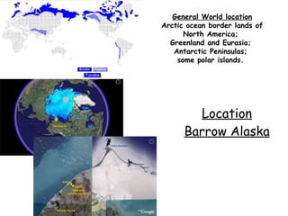 Location Barrow Alaska General World location Arctic ocean border lands of North America;  Greenland and Eurasia;  Antarctic Peninsulas;  some polar islands.    
