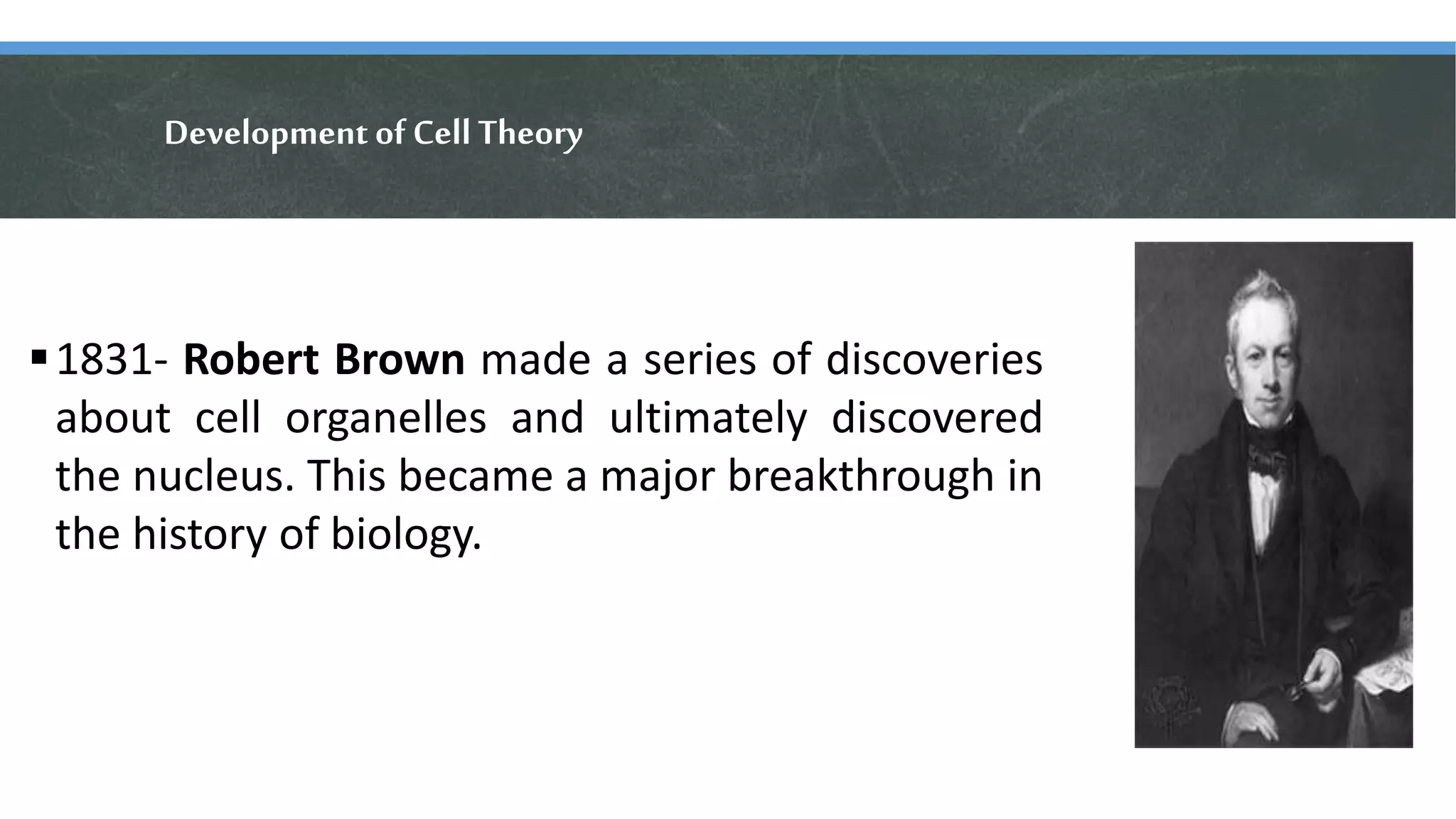 Development of Cell Theory
1831- Robert Brown made a series of discoveries
about cell organelles and ultimately discovered
the nucleus. This became a major breakthrough in
the history of biology.
 