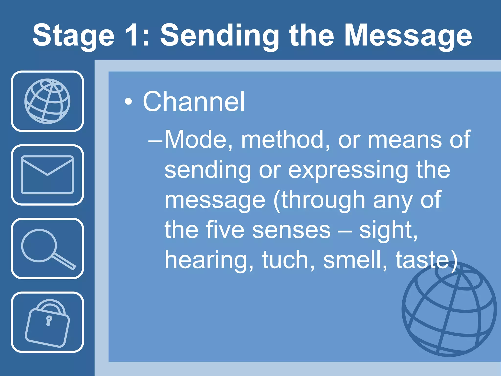 Stage 1: Sending the Message
• Channel
–Mode, method, or means of
sending or expressing the
message (through any of
the five senses – sight,
hearing, tuch, smell, taste)
 