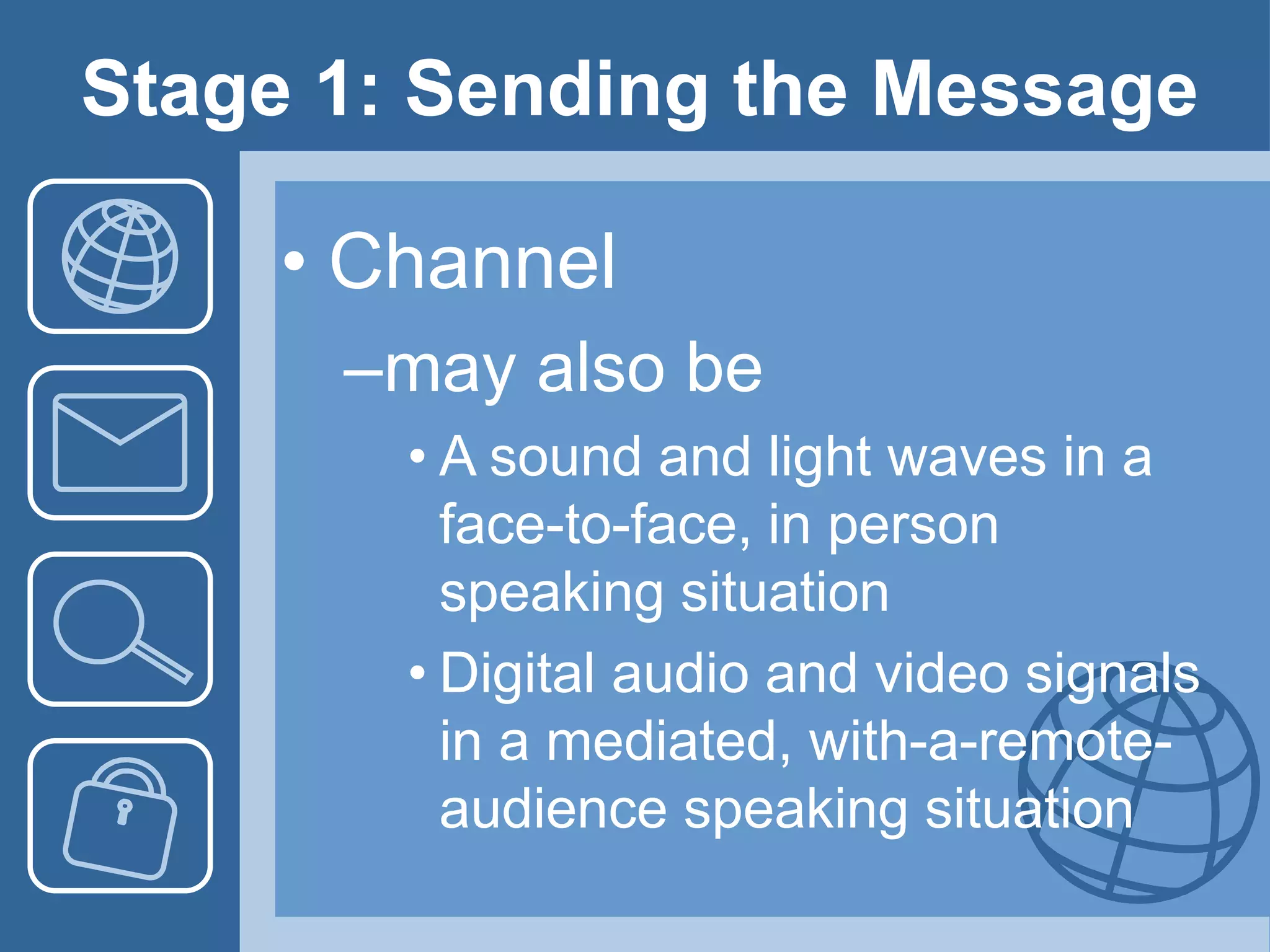 Stage 1: Sending the Message
• Channel
–may also be
• A sound and light waves in a
face-to-face, in person
speaking situation
• Digital audio and video signals
in a mediated, with-a-remote-
audience speaking situation
 