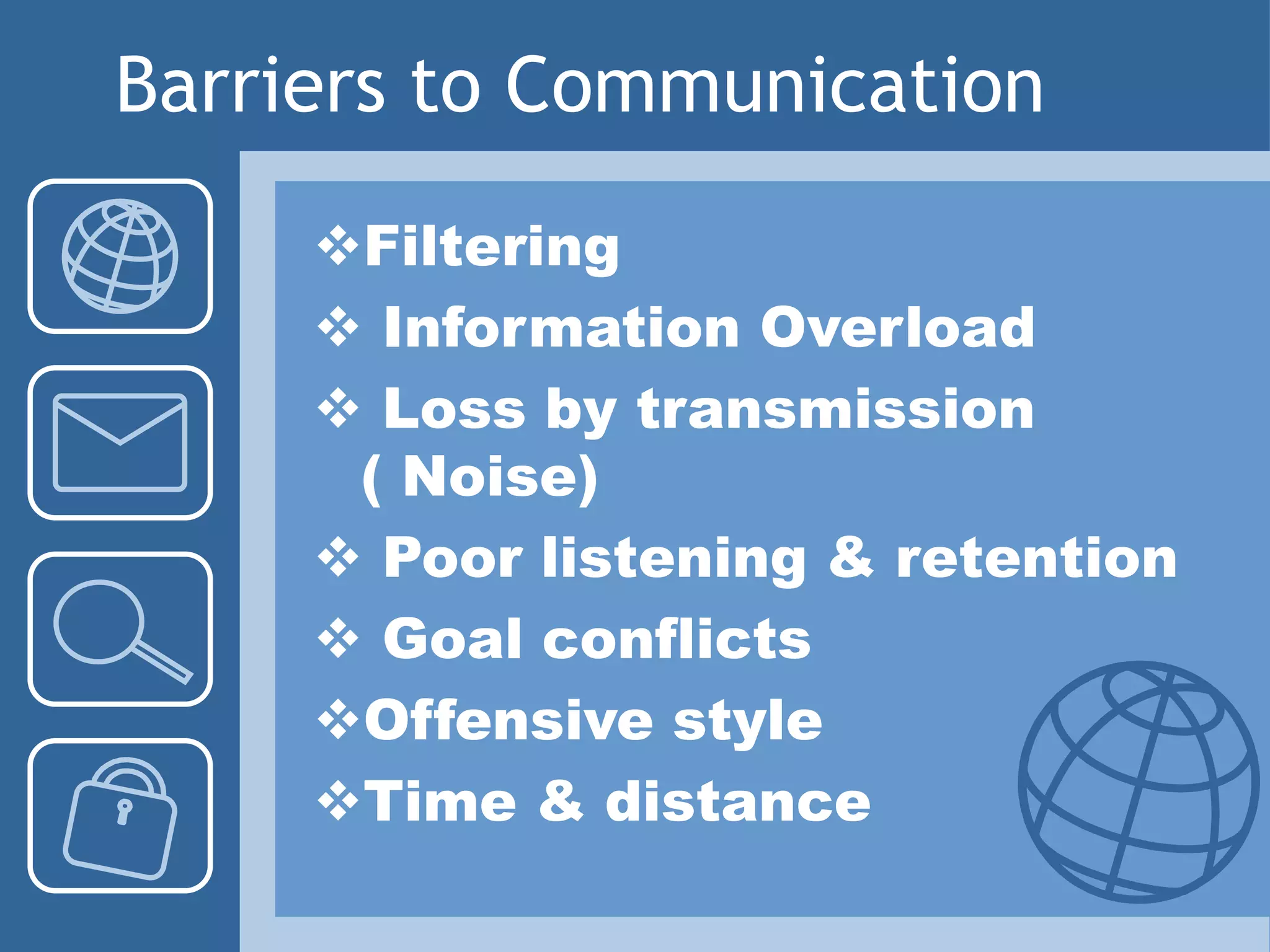 Barriers to Communication
Filtering
 Information Overload
 Loss by transmission
( Noise)
 Poor listening & retention
 Goal conflicts
Offensive style
Time & distance
 