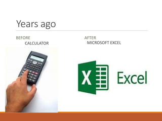 Years ago
BEFORE
CALCULATOR
AFTER
MICROSOFT EXCEL
 