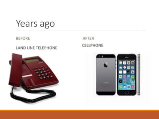Years ago
BEFORE
LAND LINE TELEPHONE
AFTER
CELLPHONE
 
