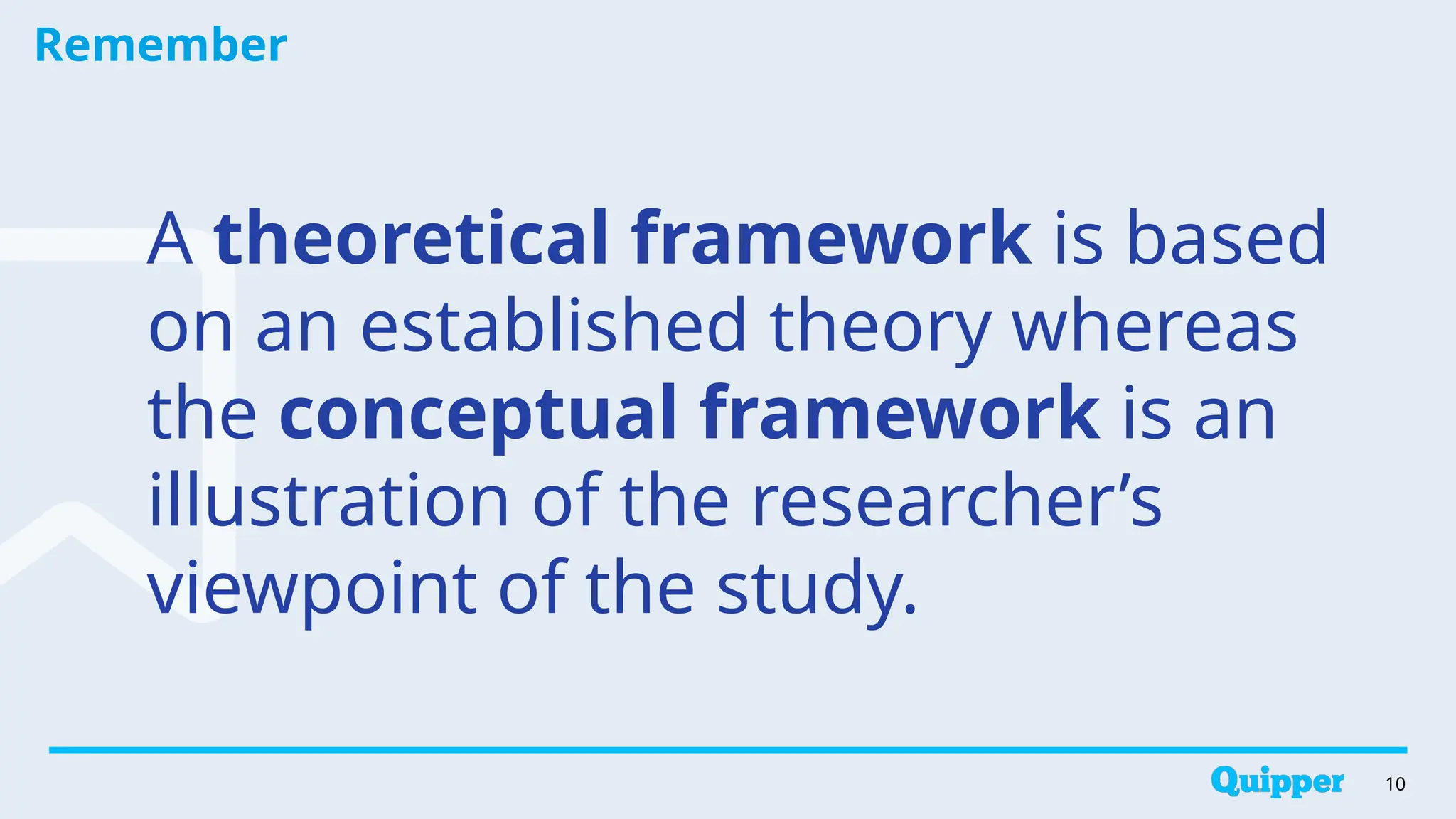 Remember
10
A theoretical framework is based
on an established theory whereas
the conceptual framework is an
illustration of the researcher’s
viewpoint of the study.
 