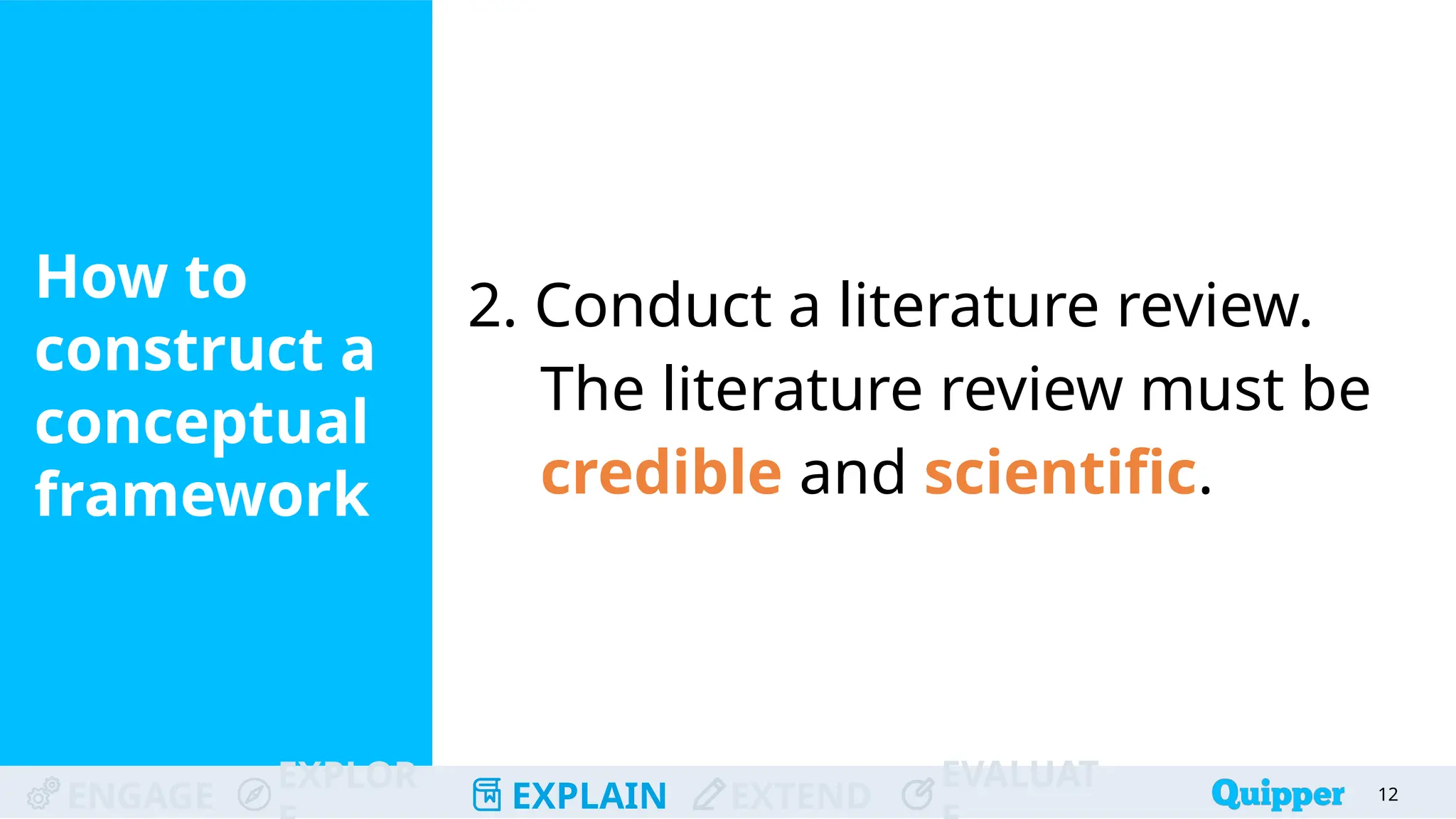 ENGAGE
EXPLOR
EXPLAIN EXTEND
EVALUAT
How to
construct a
conceptual
framework
12
2. Conduct a literature review.
The literature review must be
credible and scientific.
 