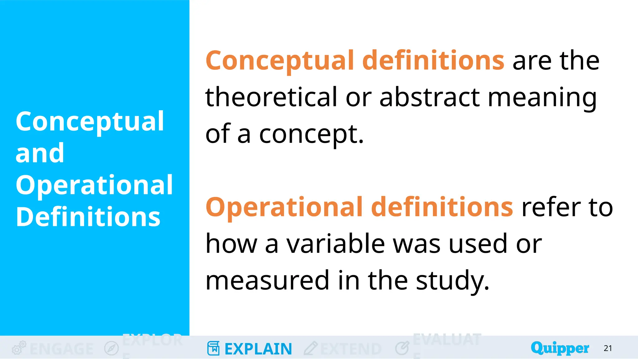 ENGAGE
EXPLOR
EXPLAIN EXTEND
EVALUAT
Conceptual
and
Operational
Definitions
21
Conceptual definitions are the
theoretical or abstract meaning
of a concept.
Operational definitions refer to
how a variable was used or
measured in the study.
 