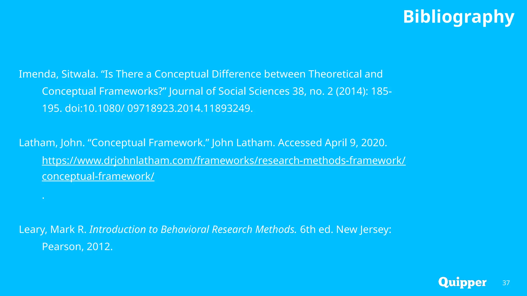 Bibliography
37
Imenda, Sitwala. “Is There a Conceptual Difference between Theoretical and
Conceptual Frameworks?” Journal of Social Sciences 38, no. 2 (2014): 185-
195. doi:10.1080/ 09718923.2014.11893249.
Latham, John. “Conceptual Framework.” John Latham. Accessed April 9, 2020.
https://www.drjohnlatham.com/frameworks/research-methods-framework/
conceptual-framework/
.
Leary, Mark R. Introduction to Behavioral Research Methods. 6th ed. New Jersey:
Pearson, 2012.
 