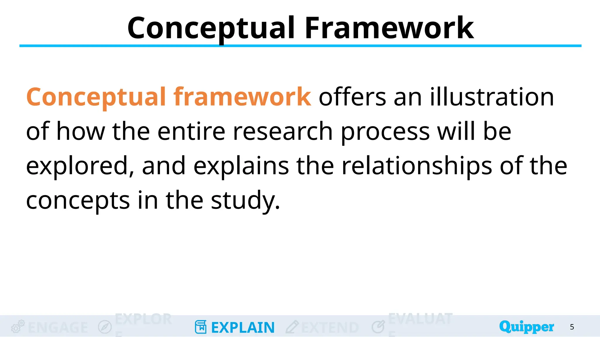 ENGAGE
EXPLOR
EXPLAIN EXTEND
EVALUAT
Conceptual Framework
Conceptual framework offers an illustration
of how the entire research process will be
explored, and explains the relationships of the
concepts in the study.
5
 