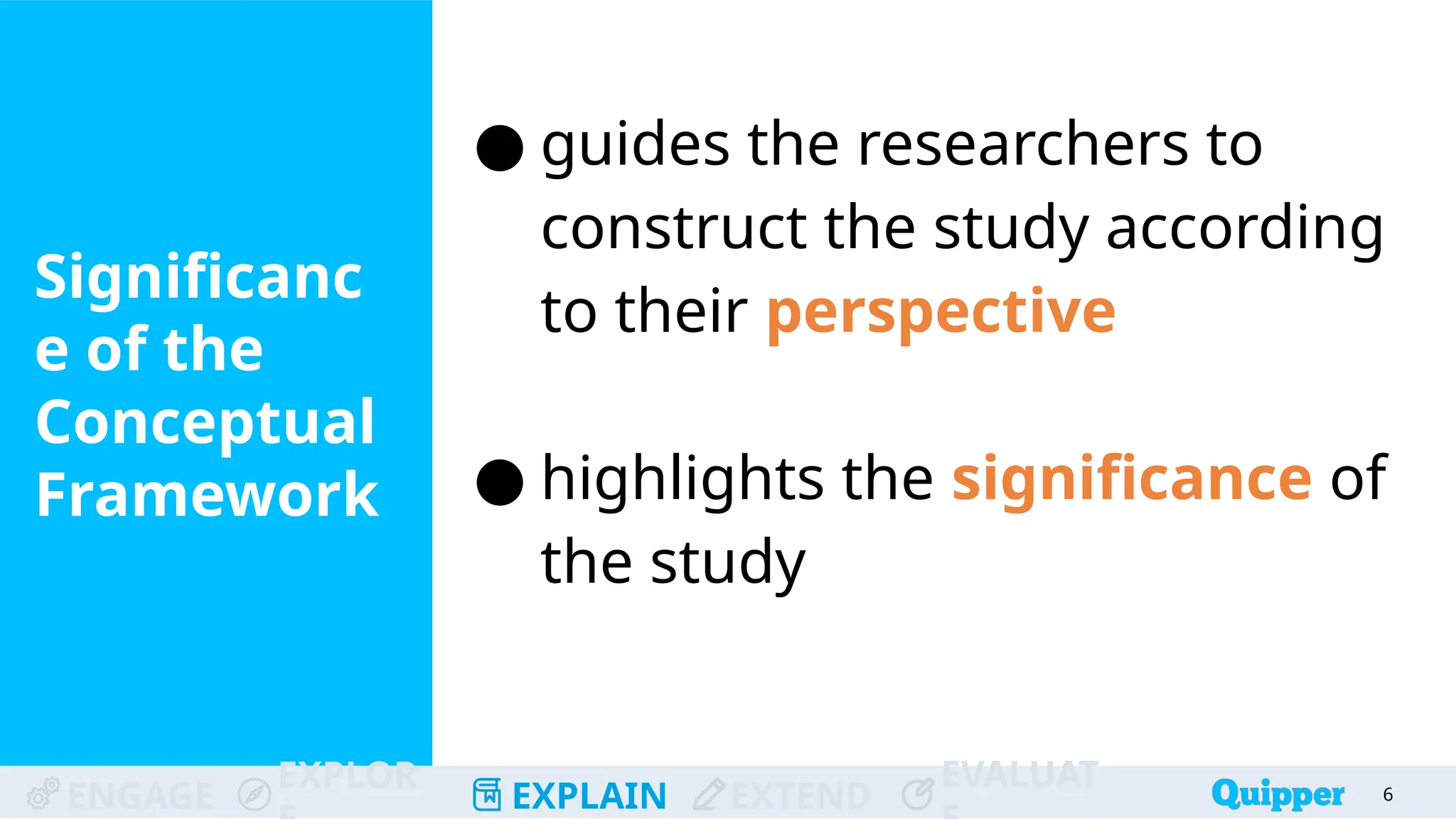 ENGAGE
EXPLOR
EXPLAIN EXTEND
EVALUAT
Significanc
e of the
Conceptual
Framework
6
● guides the researchers to
construct the study according
to their perspective
● highlights the significance of
the study
 